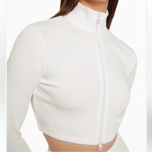 Women's White Ribbed Zip-Up Top